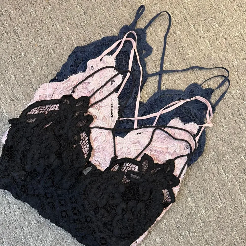 Bundle of 3 lace bralette tank tops in black, navy, and pink